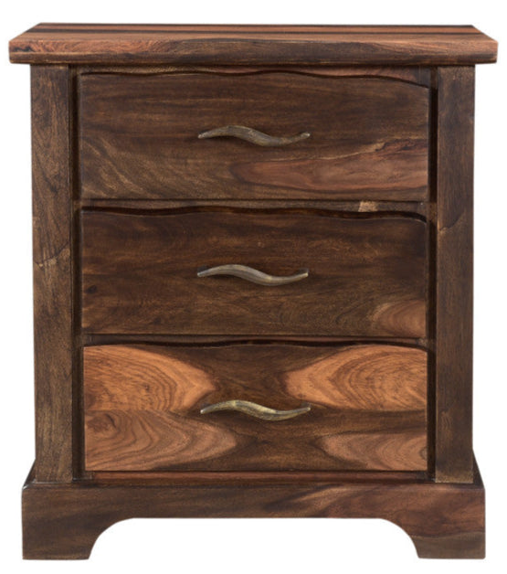 dark brown three-drawer nightstand